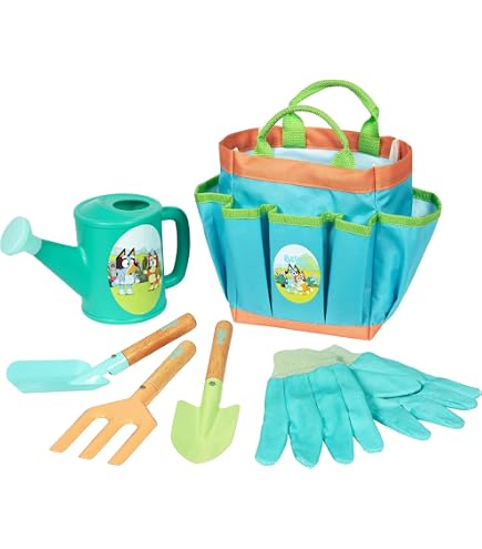 KAHEIGN Lot de 12 outils de jardinage pour enfants, cuillère, fourchette, truelle, râteau, pelle cylindrique avec sac fourre-tout, arrosoir, gants, tablier, étiquettes de plantes, autocollants pour