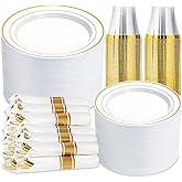 Pryntono 350 PCS White and Gold Plastic Dinnerware Set for 50 Guests, Disposable Party Plate for 50 Guests, Include: 100 Plastic Plates, 50 Pre Rolled Napkins with Gold Silverware, 50 Cups