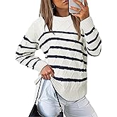Glamaker Womens Striped Cable Knit Sweater Long Sleeve Crewneck Fall Pullover 2025 Trendy Winter Chunky Tops Fashion