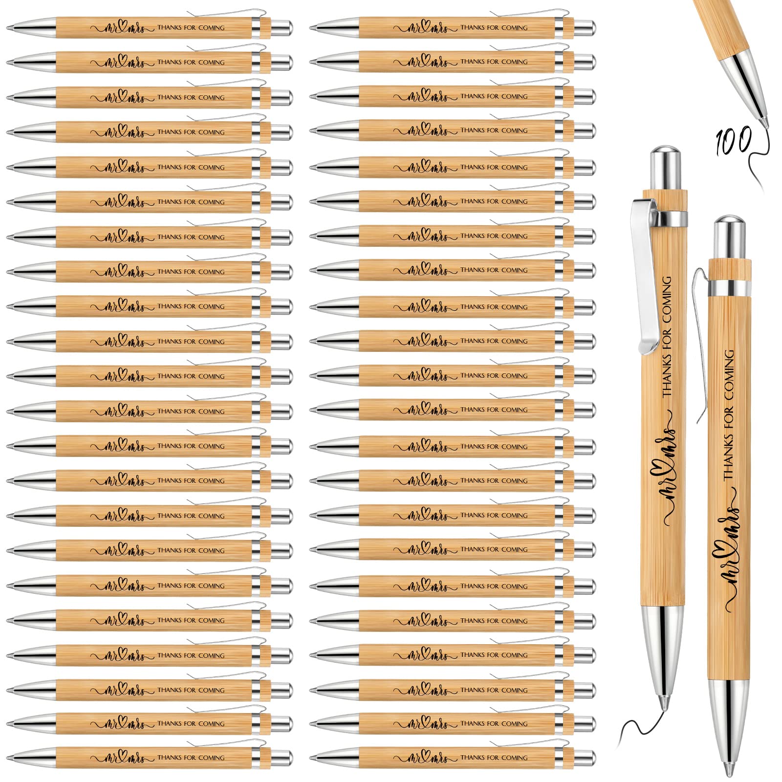 Photo 1 of 100 Pieces Bamboo Wedding Pens Bulk Ballpoint Black Ink Bridal Shower Pens for Wedding Bridal Shower Guest Book Game Gifts Proposal Bachelor Party Favors