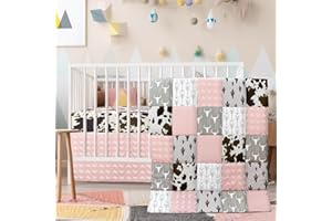 Hahafelt 3 Piece Patchwork Western Crib Bedding Set for Boys Girls Cow Cactus Print Baby Bedding Barnyard Western Nursery Decor Soft Baby Bed Set Includes Quilt Fitted Crib Sheet Bed Skirt (Cowgirls)