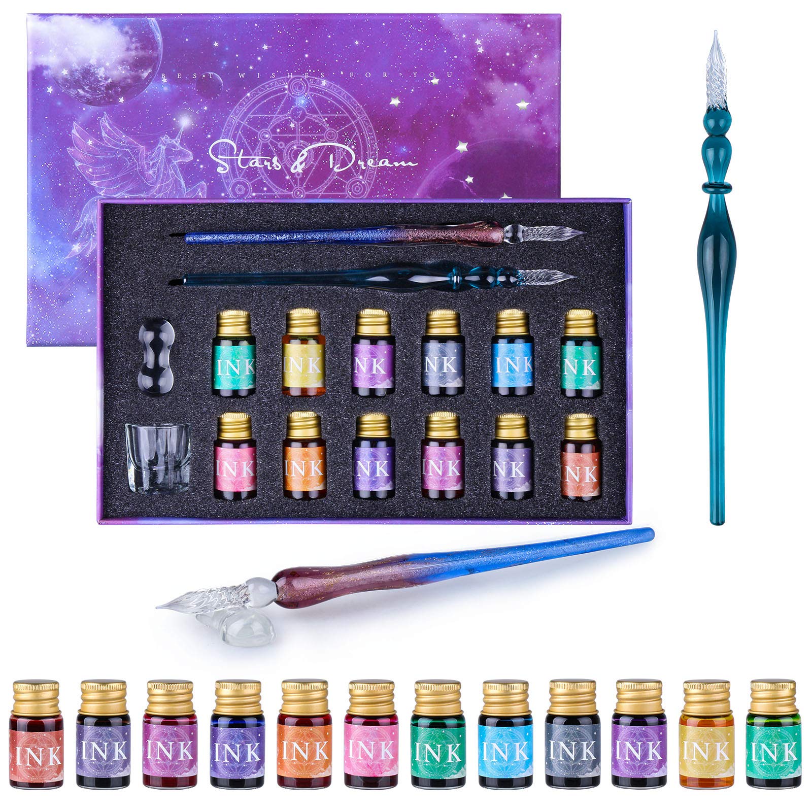 FURNIZONE Glass Dip Pen Ink Gift Set 16 Pack, 2 Calligraphy Crystal Dip Pen with 12 Color Drawing Ink for Art/Painting/Writing, with Holder and Clean Cup for Drawing Beginners Gift