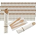 Pre Rolled Napkin and Bamboo Cutlery Set - 100Pack Bamboo Utensils/Compostable Cutlery(100 Forks, 100 Knives, 100 Spoons, 100 Napkins), Biodegradable Wrapped Cutlery for Party, Wedding, Events