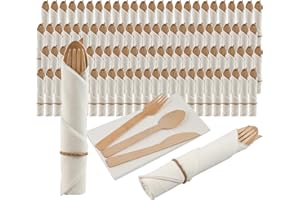 AOWUTUS Pre Rolled Napkin and Bamboo Cutlery Set - 100Pack Bamboo Utensils/Compostable Cutlery(100 Forks, 100 Knives, 100 Spoons, 100 Napkins), Biodegradable Wrapped Cutlery for Party, Wedding, Events