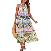 GRACE KARIN Women's Maxi Boho Dress Casual Summer Loose Long Floral Sundresses Flowy Halter Tiered Beach Vacation Outfits