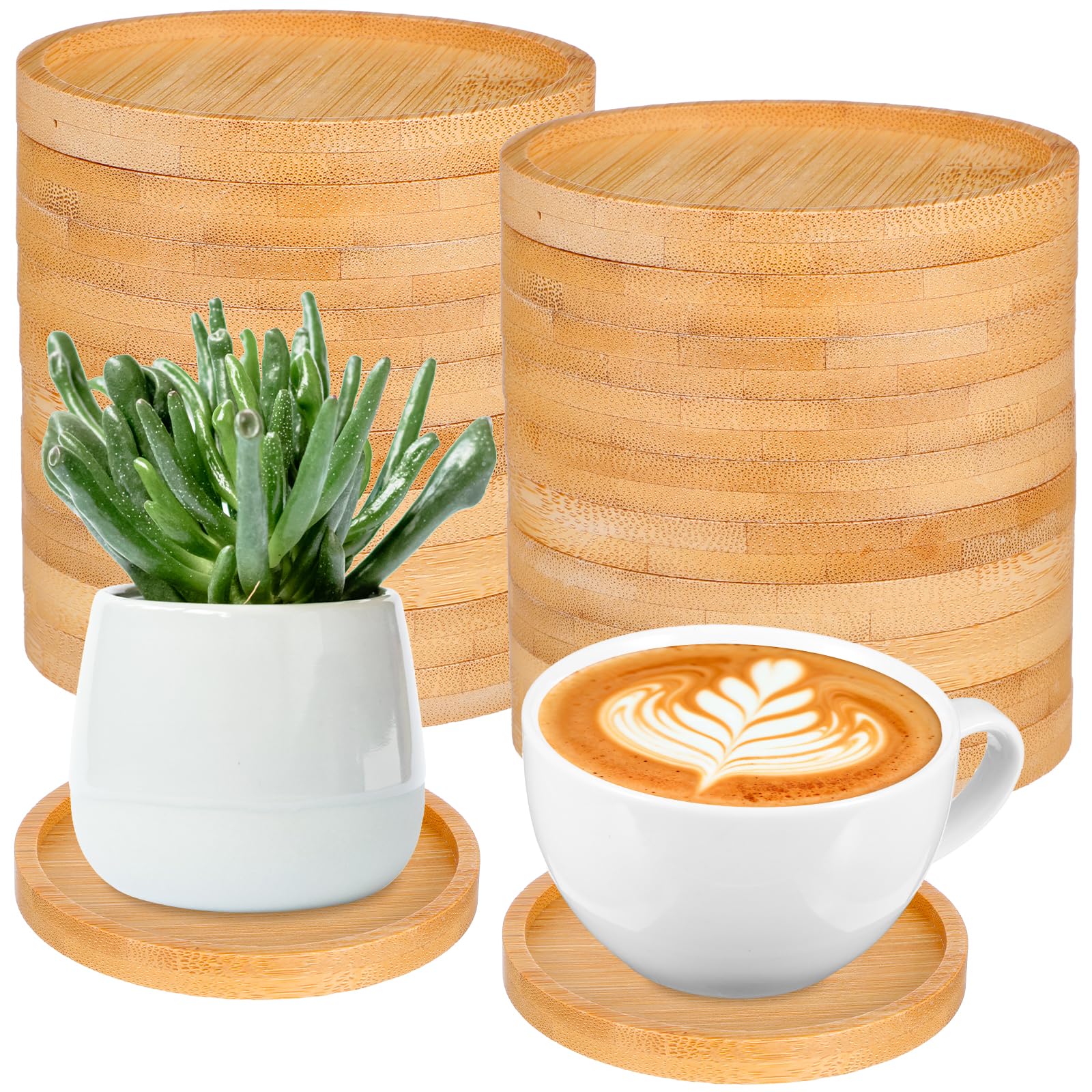 Photo 1 of 24pcs 3.7’’ Bamboo Plant Saucers Small Round Plant Coasters Drip Trays Plants Saucer DIY Crafts Gifts for Indoor Potted Plants Tabletop Ceramic Cup Holders Table Protectors Wedding Party Decor