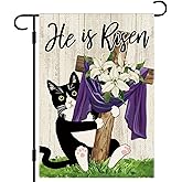 DLZDN Easter Cat Garden Flag He is Risen Religious Cross Christian Garden Flag 12×18 Inch Double Sided Vertical Burlap Farmhouse Yard Flag Spring Holiday Outdoor Decor
