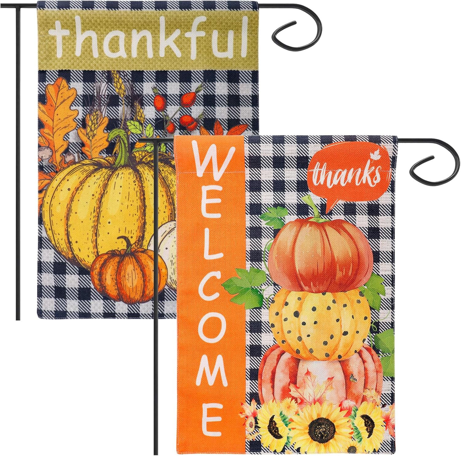 Flags - 2 Pcs Thanksgiving Garden Flags, Double Sided Fall Pumpkin Yard Flag, Linen Farmhouse Autumn Harvest House Flag for Thanksgiving Outdoor Decor, 12.6'' x 18.5''