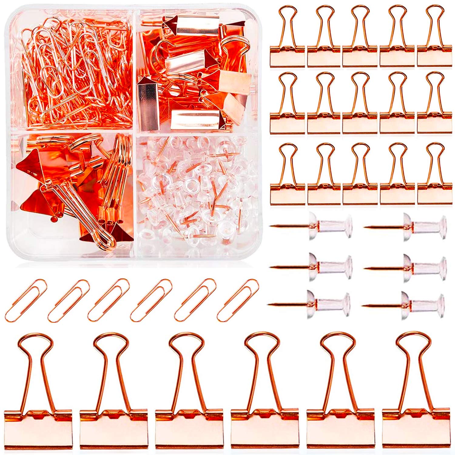 BETOY Rose Gold Office Stationery Set - Paperclips,50 Map Push Pins,100 Paper Clips, 21 Paper Binder Clips with Clear Box for Office Class School