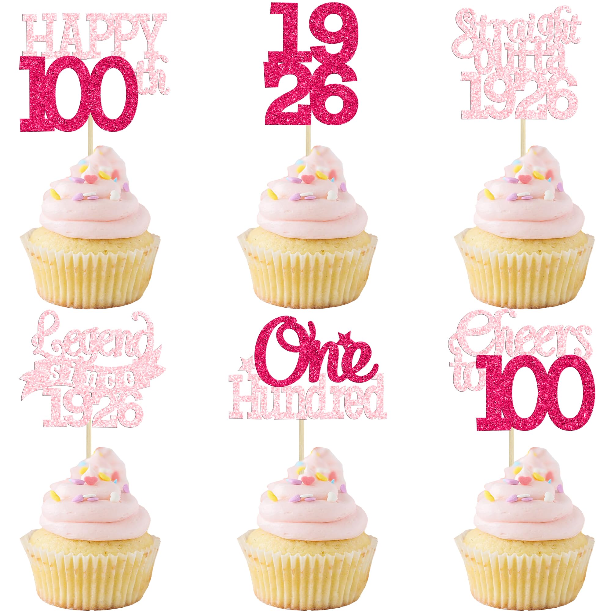 Gyufise 24Pcs Happy 100th Birthday Cupcake Toppers 100 Legend Since 1926 Cupcake Picks Cheers to 100 Years Cake Decorations for 100th Birthday Anniversary Party Supplies Pink Rose Red