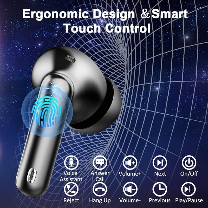 Auriculares Inalámbricos Bluetooth 5.4, Cascos Inalambricos Sonido HiFi Estéreo, Cancelación de Ruido ENC en Llamada, 48h Reproducción, IP7 Impermeable/Pantalla LED Digital/Carga Rápida USB Tipo-C — foto 4 de 7