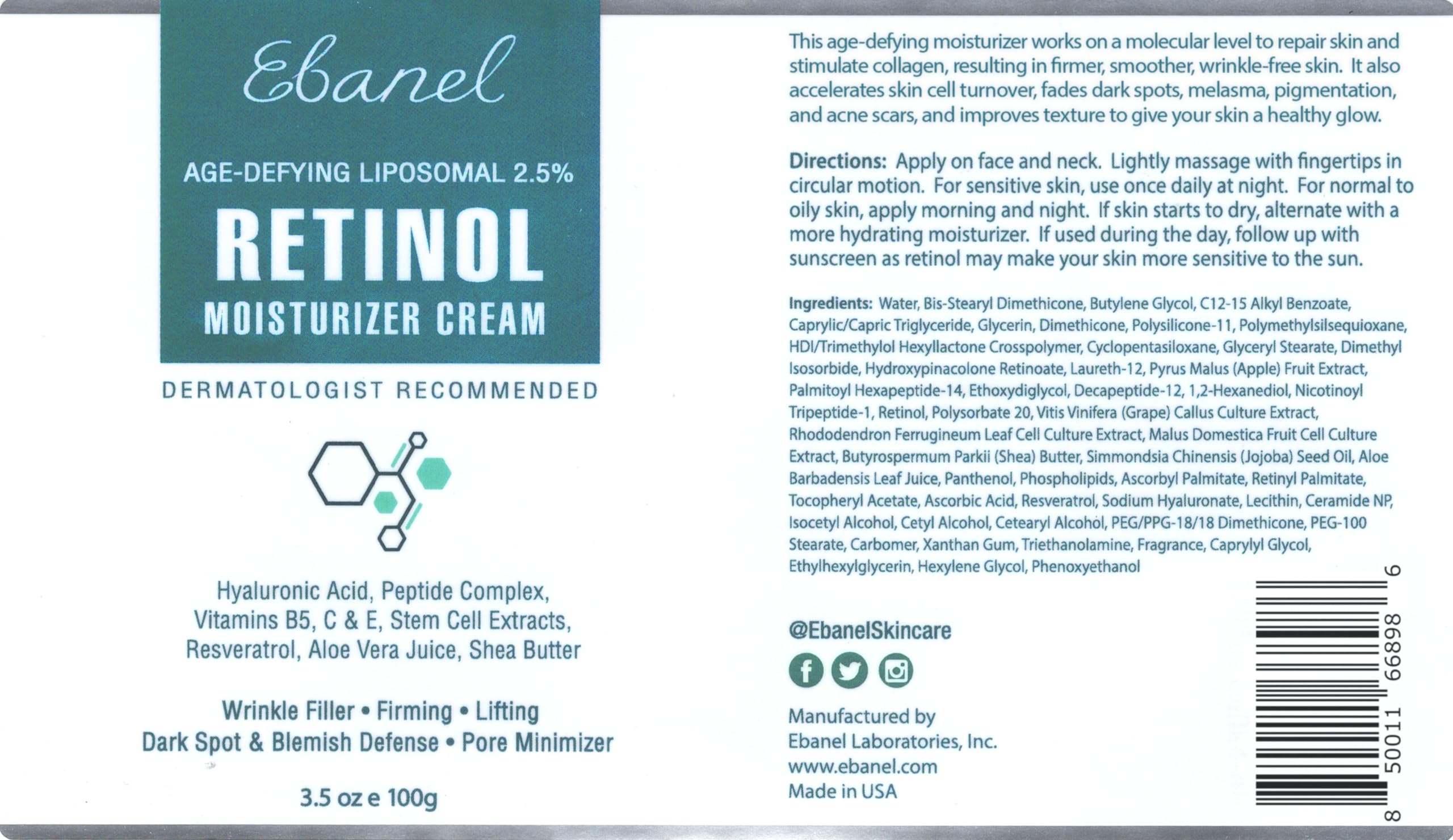 Ebanel 2.5 Retinol Cream Face Moisturizer with Peptides, Vitamin C, Hyaluronic Acid, Anti Aging