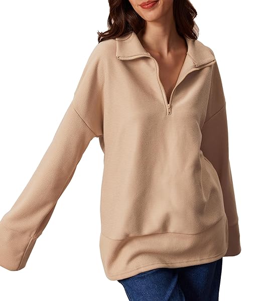 LANMIA WOMEN’S OVERSIZED 1/4 ZIP COLLAR PULLOVER SWEATER LONG SLEEVE SPLIT HOODIE SWEATSHIRTS KNITTED RIBBED CASUAL JUMPER TOPS (KHAKI,S)