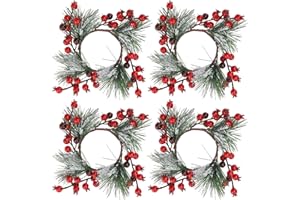 BIUBEE Christmas Candle Rings - Christmas Candle Wreath Garland for 3" Dia Pillar Candles with Artificial Red Berries, Xmas Wreath Candle Holder for Christmas Wedding Holiday Table Centerpiece Party Decor