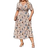 IN'VOLAND Women Plus Size Short Sleeve Dress Summer Casual V-Neck Ruched Aline Midi Dresses with Pockets