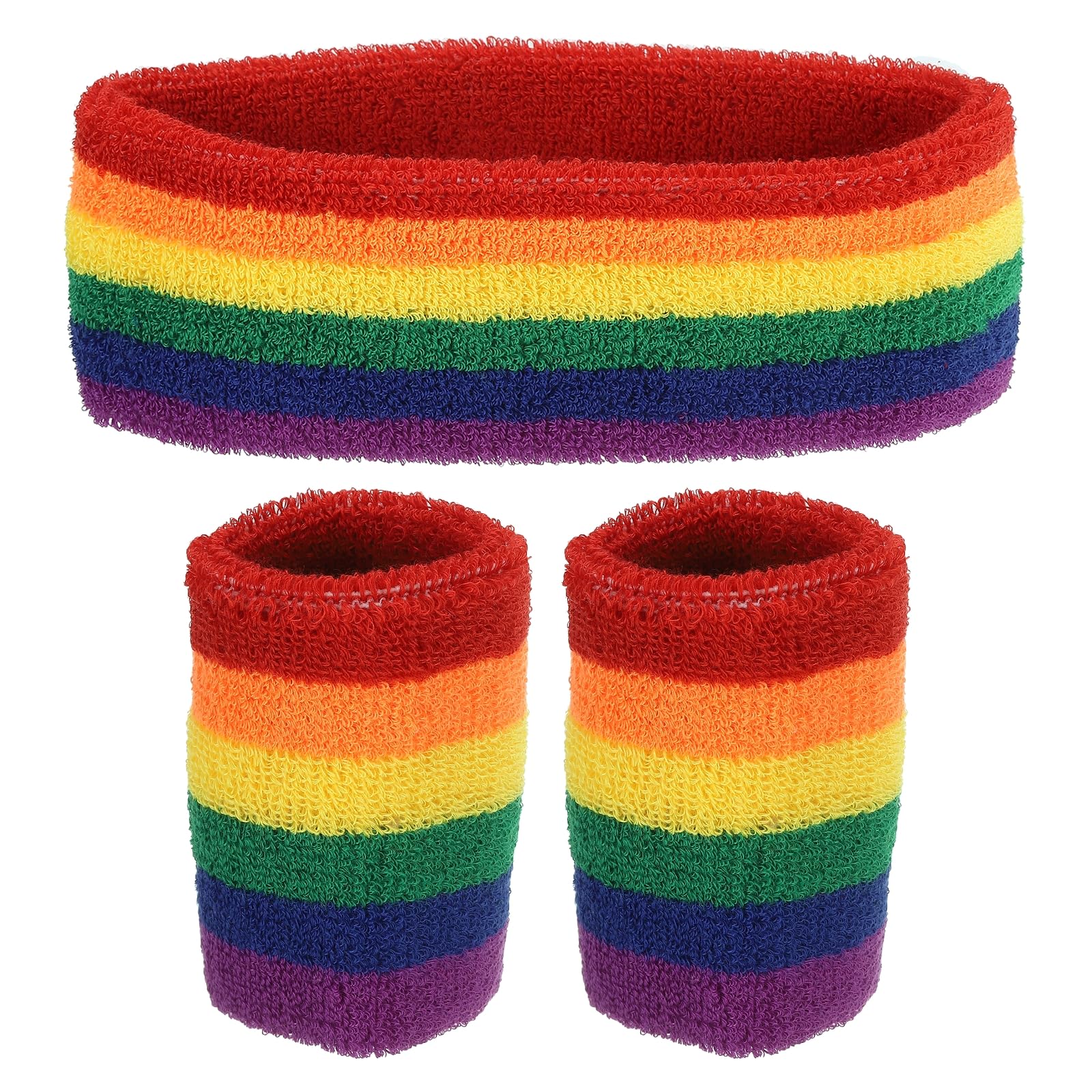 PATIKIL Rainbow Wristbands Headband Set, 8x8cm Cotton Terry Cloth Athletic Absorbent Sweatband 18x6cm Headband for Tennis Basketball Running (1 Headband & 2 Wristbands)