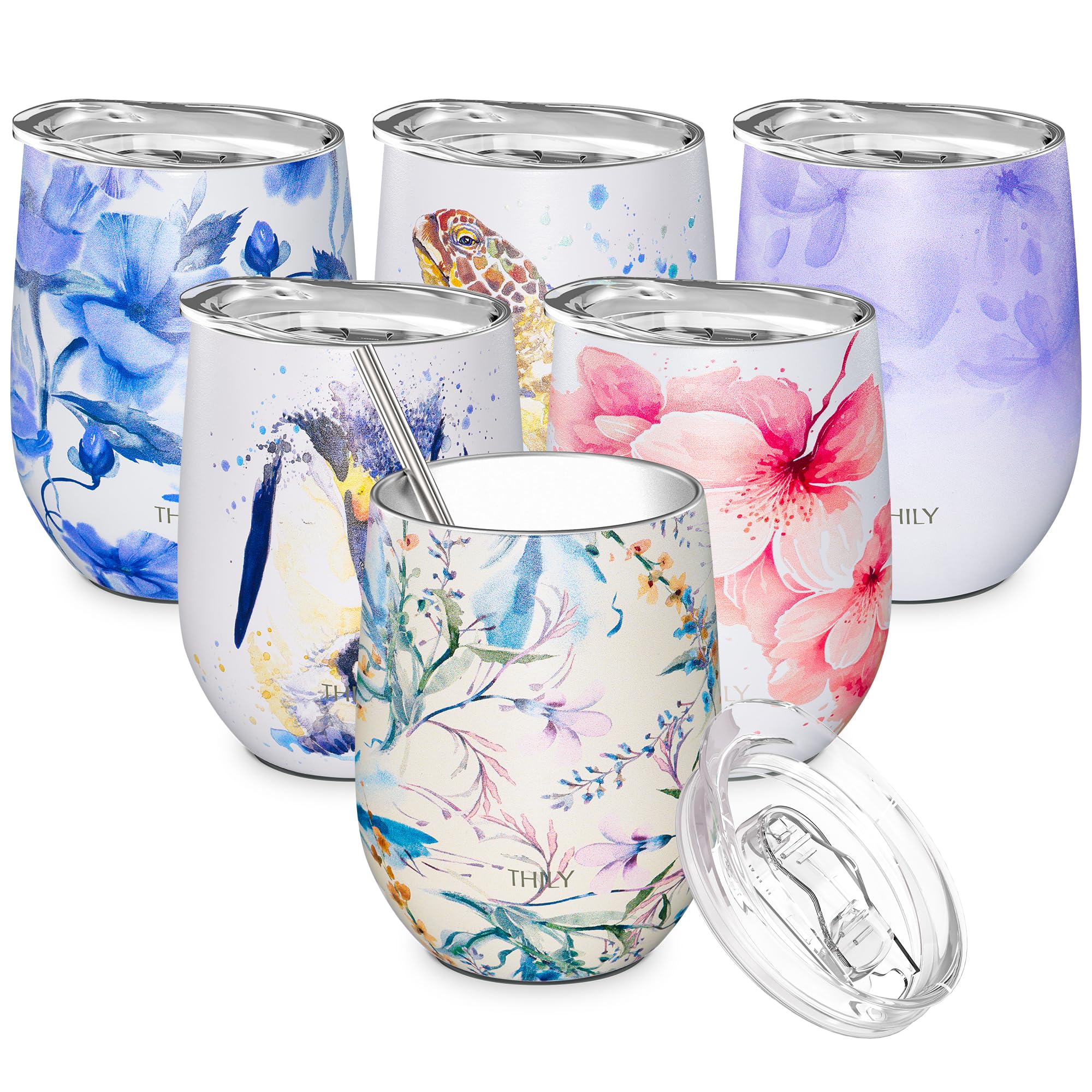 THILY Stainless Steel Insulated Wine Tumbler Stemless Wine Glass with Lid and Straw, Splash-Proof, Reusable, Cute Travel Cup for Coffee, Cocktails, Keep Drinks Cold, Orchid