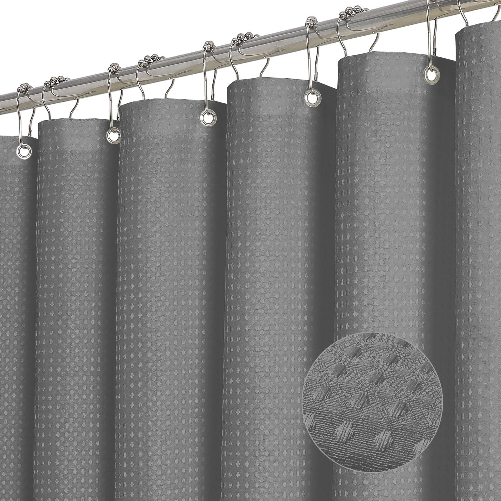 ROLIZOE Grey Shower Curtain - 256GSM Luxury Weighted Waffle Textured Heavy Duty Thick Fabric Shower Curtains with Stainless Steel Hooks for Bathroom, Superior Water Resistant, 183W x 183H, Grey