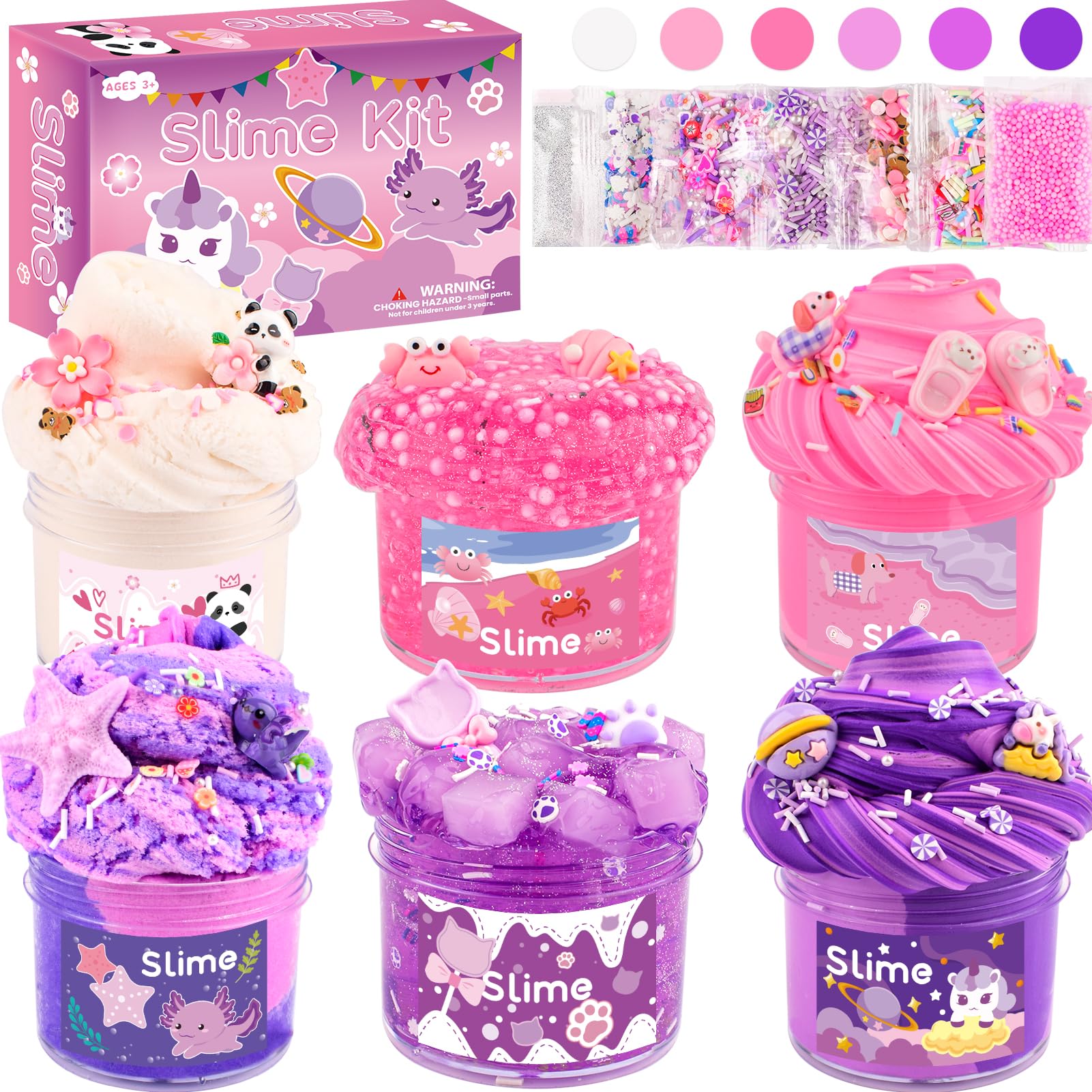 6 Pack Pink & Purple Slime kit for Kids- Cloud Butter & Clear Slimes, Cute Animal Theme Party Favors, Sensory Toys for Kids Girls Boys Ages 4-12, Goodie Bag Stuffers, Birthday Gift Ideas Cute Stuff