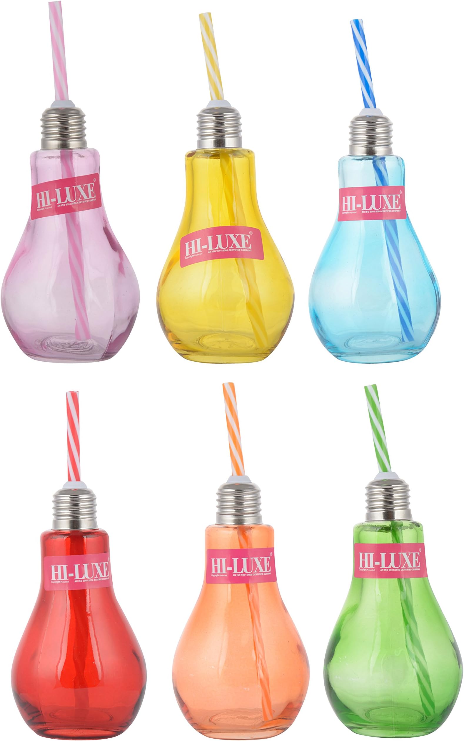 HI LUXE Glass Mason Bulb Jar with Straw, 400 ml -6 Piece