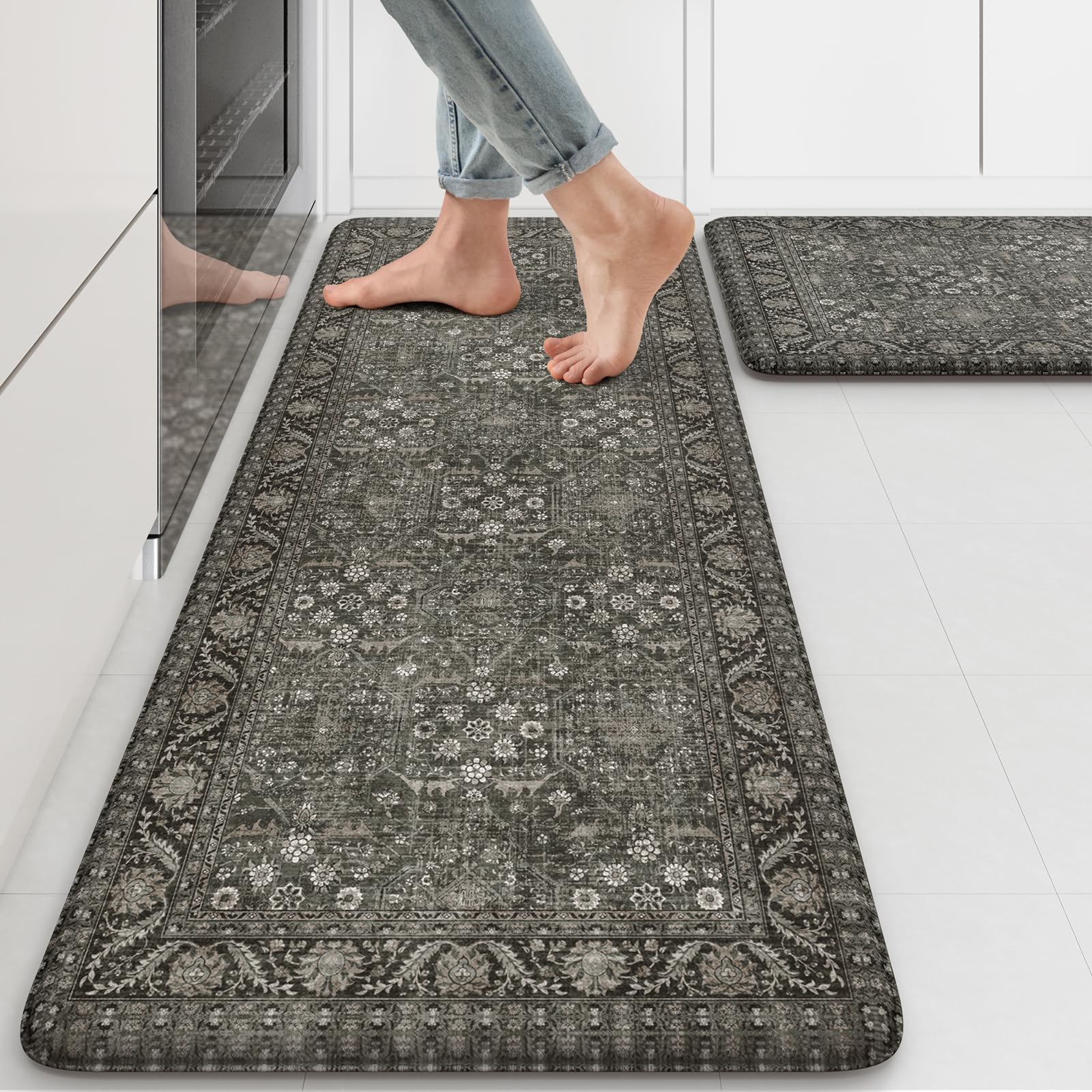 Photo 1 of KIMODE Anti Fatigue Kitchen Mat 2PCS,Waterproof Farmhouse Green Kitchen Rugs Non-Slip,Vintage Kitchen Mats for Floor,Cushioned Comfort Standing Mat for Laundry,Office,Sink,Desk,17"x47"+17"x29"