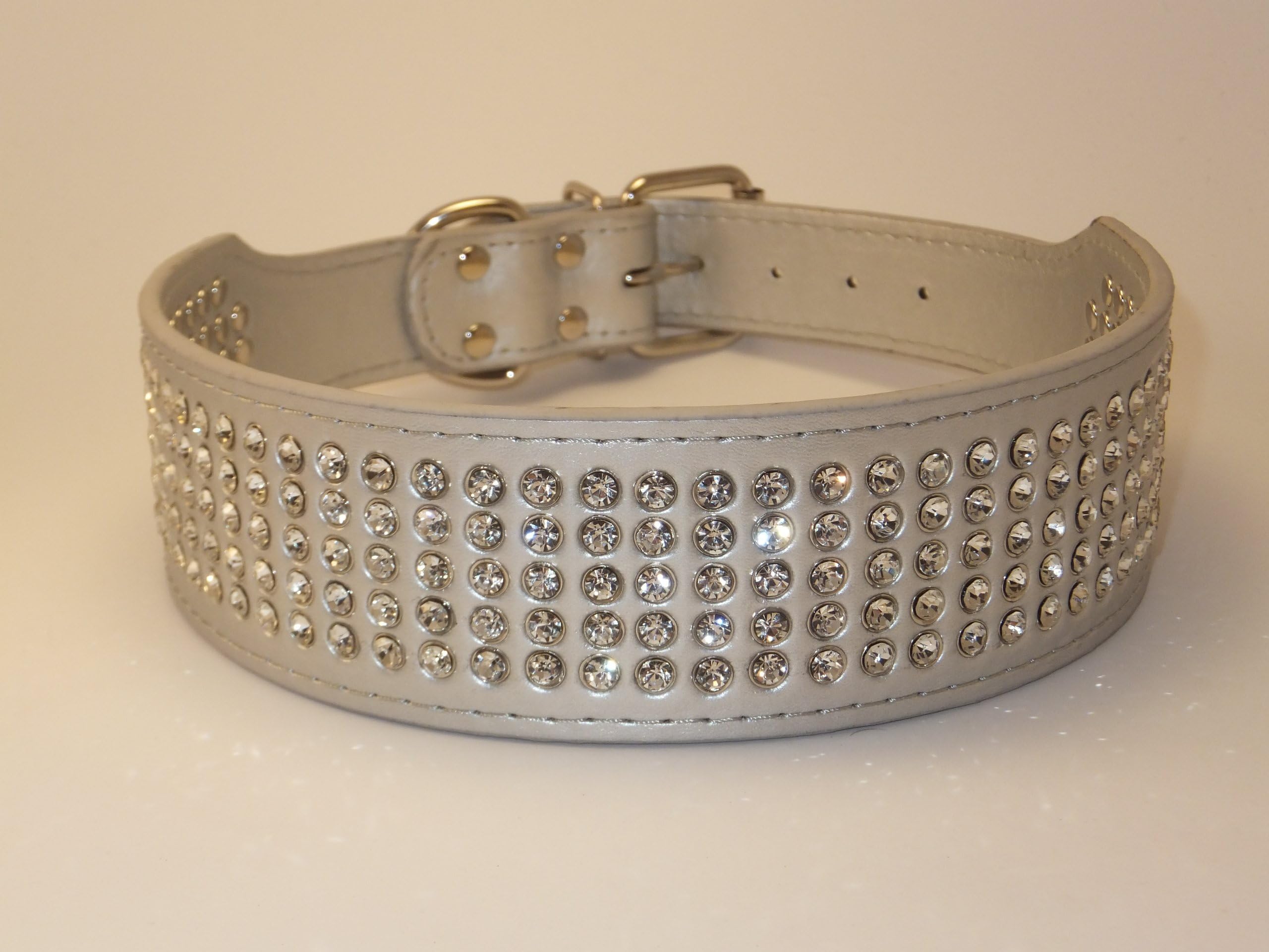 Med Large X-Large Fashion Leather Big Dog Collar with Big Sparkly Crystal Rhinestones 2"Wide Med 22"L fits 17"to 20" Lg 24"L fits 19"to 22" L necks XL 26"L fits 21" to 24"L Red, Silver, Black, Gold, Teal Green, Baby Pink, Hot Pink, Purple