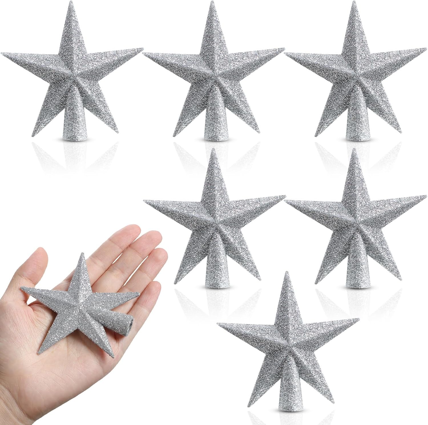 Tree Toppers - Hiboom 6 Pieces Mini Star Christmas Tree Topper Glittered Christmas Tree Star for Xmas Tree Party Decoration Holiday Outdoor Indoor Home Ornaments (Silver)