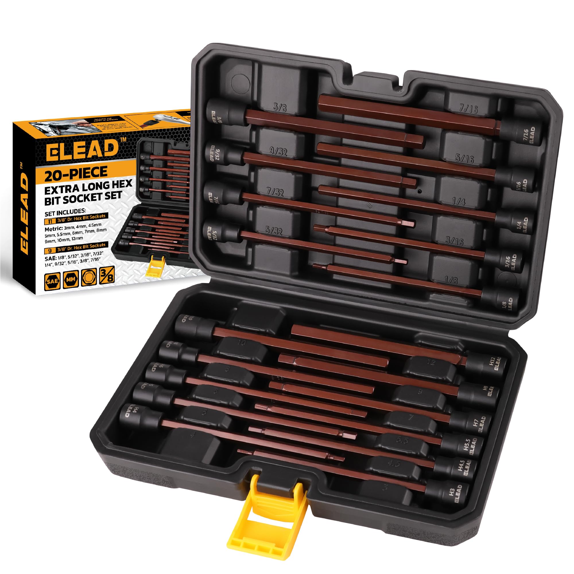 ELEAD Extra-Long Allen Hex Bit Socket Set: 20-Piece 3/8 Inch Drive, S2 Steel, Standard SAE & Metric (1/8-Inch - 7/16-Inch, 3-12mm) for Impact Drills and Ratchet Wrenches