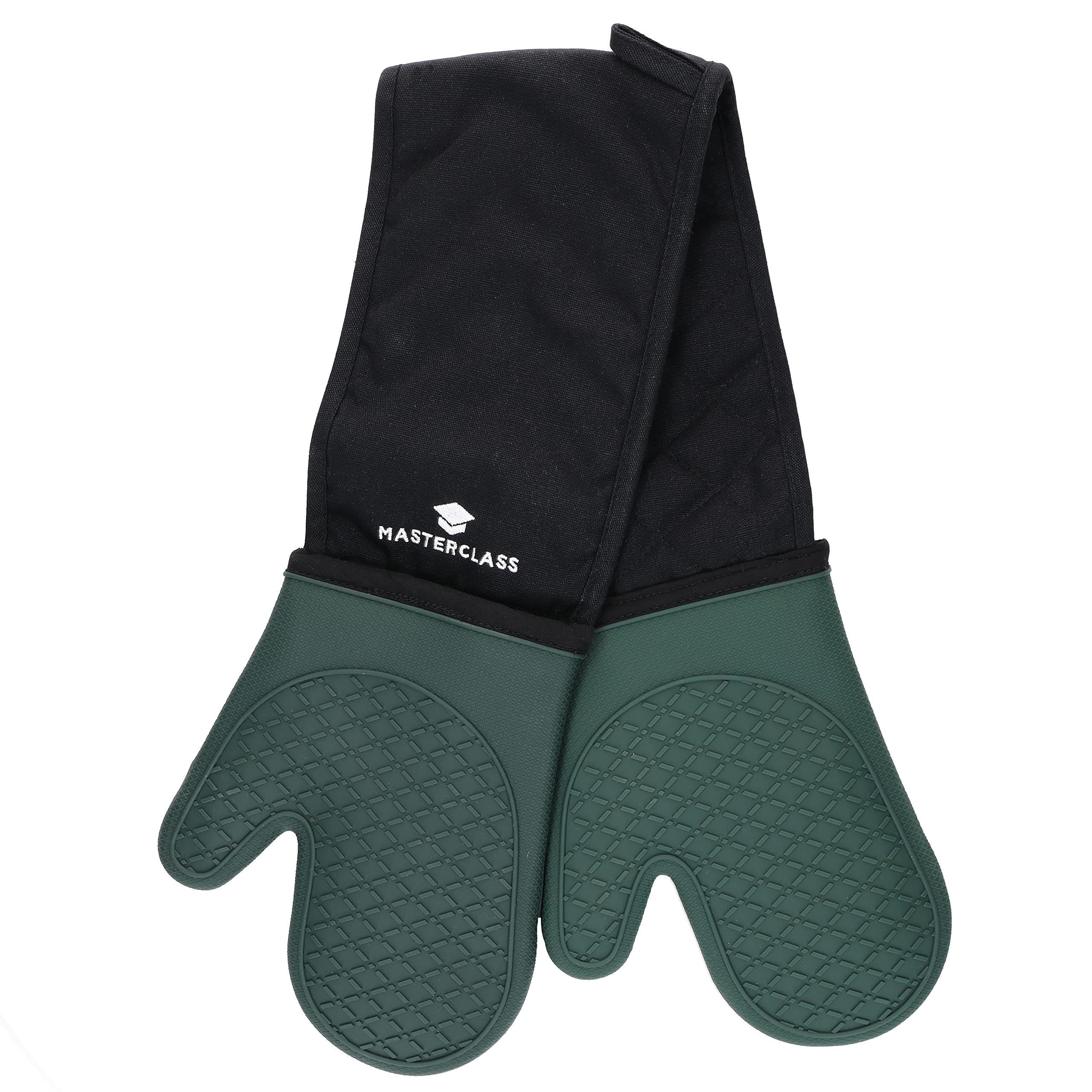 MasterClass Silicone Oven Gloves, Heat Resistant Mitts with Cotton Padding, Double Sided Non-Slip Gloves for Cooking and Baking, BPA-Free, Black/Hunter Green