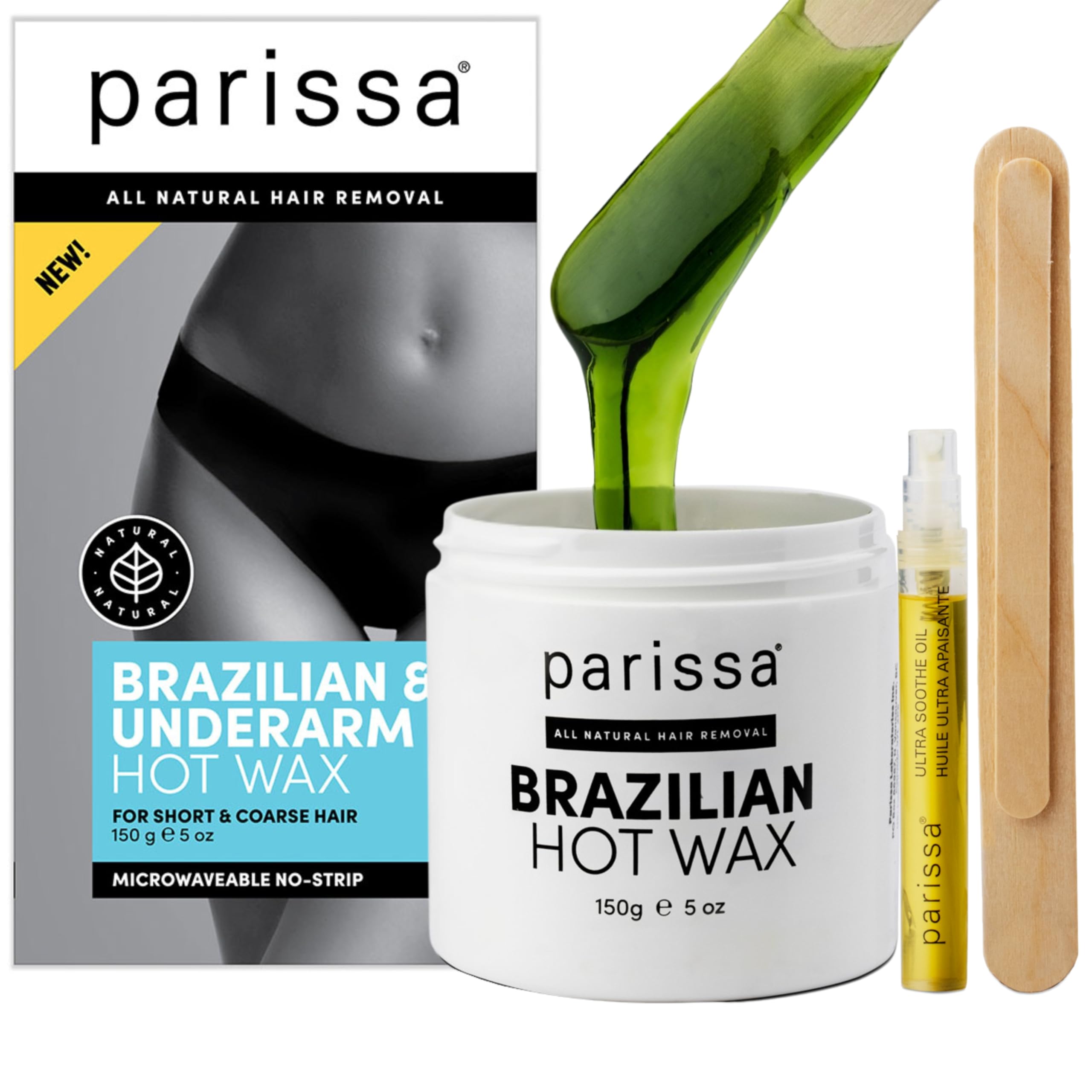 Photo 1 of Parissa Brazilian Hot Wax Kit | No-Strip Hard Wax for Coarse Hair with Natural | Microwavable Formula | At-Home Hair Removal for Bikini, Underarms & Body with Post-Wax Ultra Soothe Oil| 150g (5 Oz)