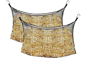 B BLOOMOAK Bloomoak Knotless Slow Feed Hay Net with 2 Carabiner Clips for Horses/Open Top Hanging Hay Bag with Large Capacity for Full Day Feeding/Trailer (1.2" Hole for Ultra Slow Feed/ 2PCS, L 63 * 40")…