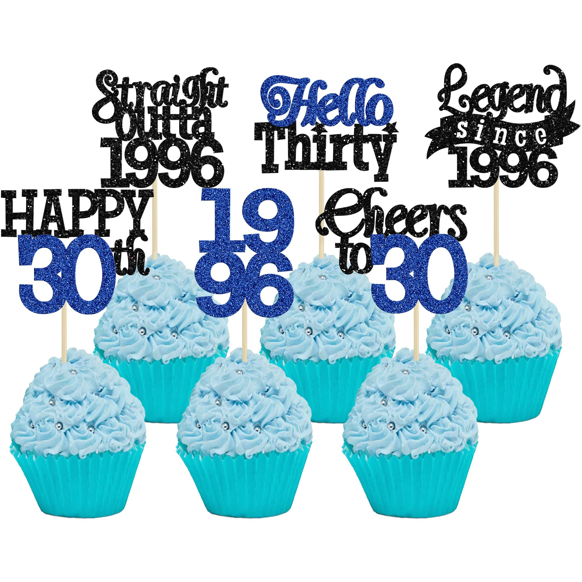 Gyufise 24Pcs Happy 30th Birthday Cupcake Toppers Hello Thirty Legend Since 1996 Cupcake Picks Cheers to 30 Years Cake Decorations for 30th Birthday Anniversary Party Supplies Black Blue