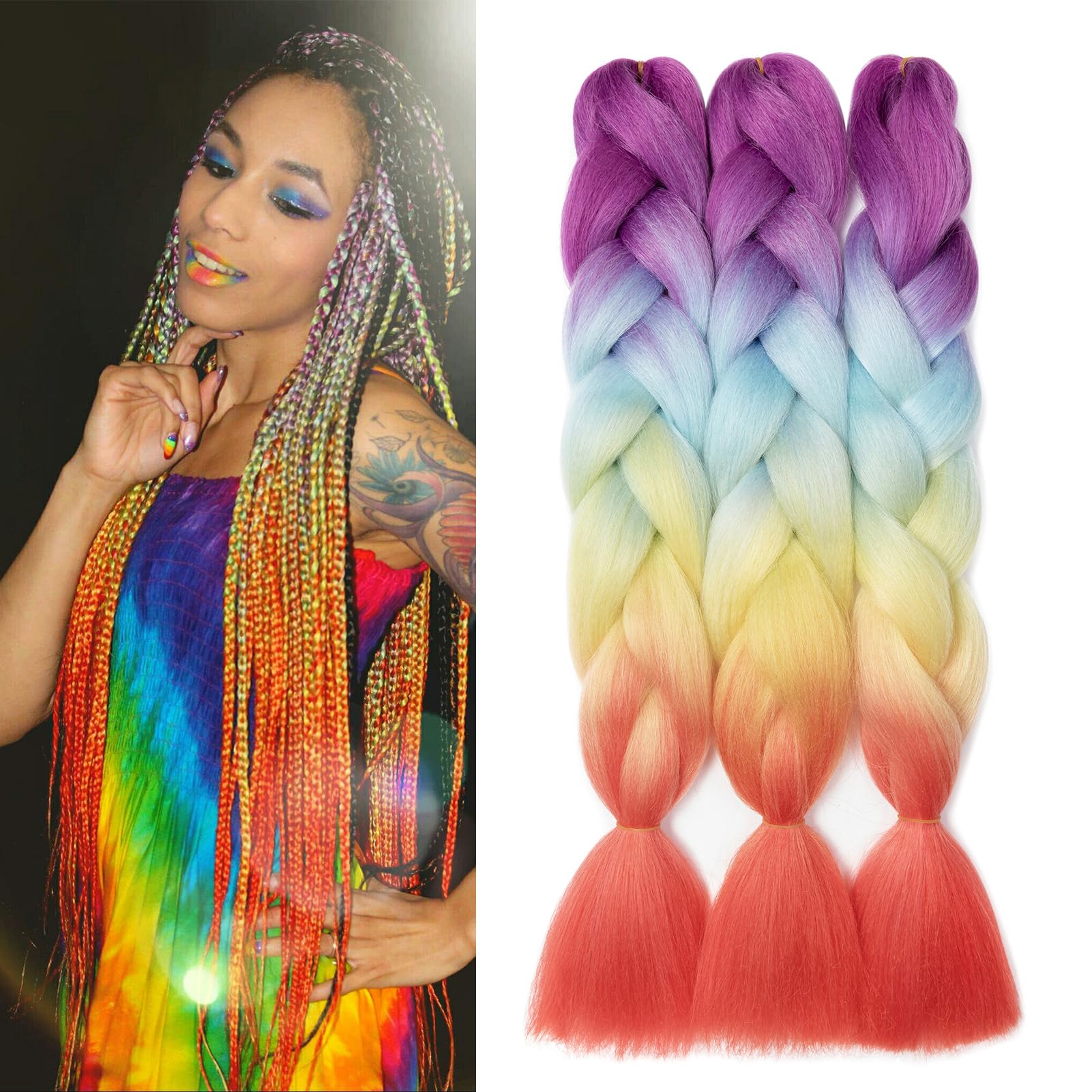 Dcbaboo Jumbo Braiding Hair Extensions 3packs 24inch Hair Extensions for Braiding Synthetic Hair Kanekalon Ombre Braids Hair Extensions Afro Crochet Braids Twist Hair 300g, Purple-Blue-Yellow-Orange — image 1