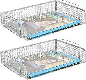 Mind Reader DSTACK2-SIL, Side Load, Stackable Letter Legal, Tray Mesh Desk, Document Holder, Magazine Storage, Desktop File Organizer, Silver 2 Piece