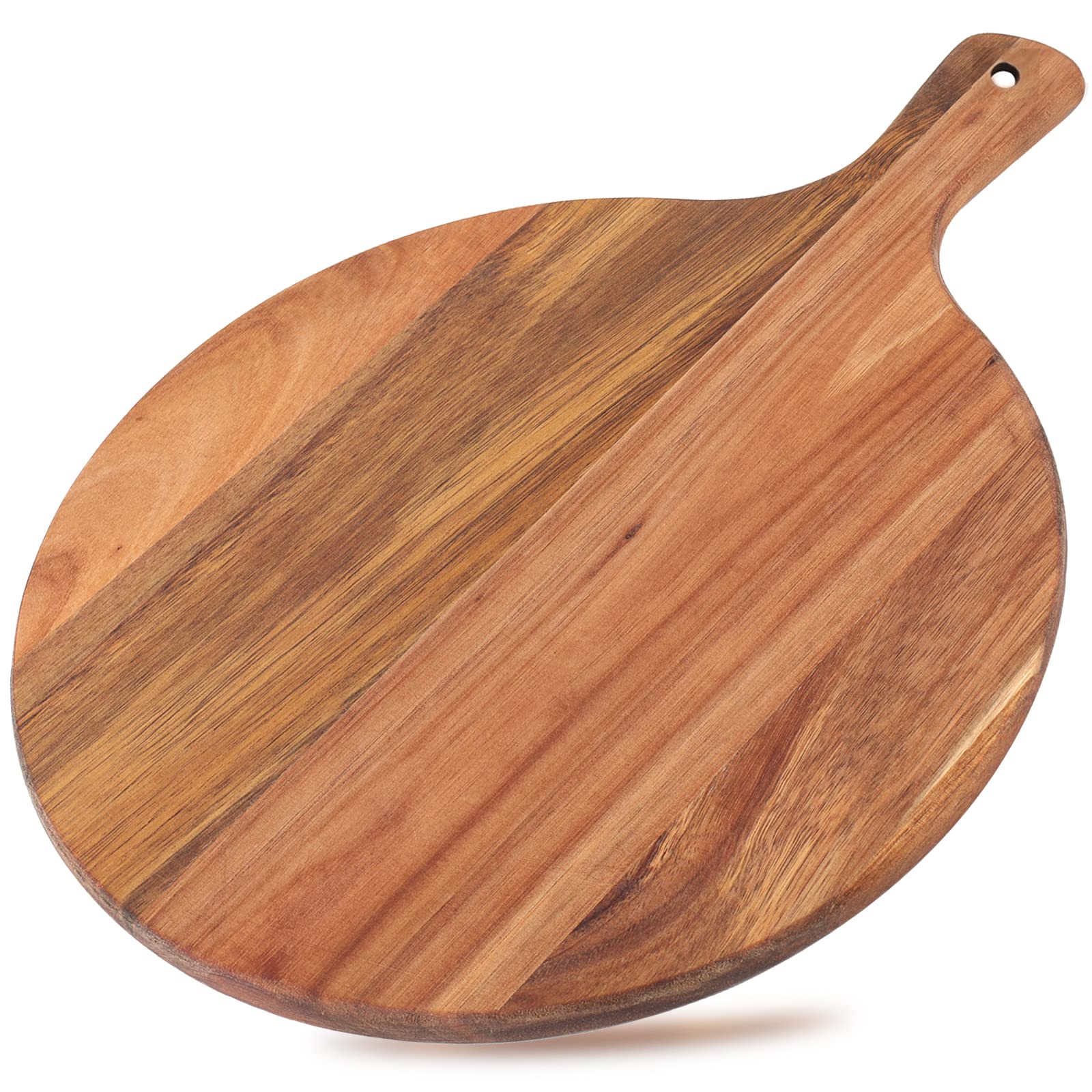 Dicunoy Acacia Wood Charcuterie Boards, 12" Round Pizza Board with Handle, Cutting Board Cheese Paddle, Wooden Chopping Board, Pizza Peel Fruit Grazing Board Tray for Bread, Vegetables, RV, Camping