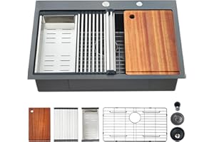 EcoChannels 33 x 22 Drop in Kitchen Sink Gunmetal Black Kitchen Sink 16 Gauge Stainless Steel Kitchen Sinks Single Bowl Workstation Sink with Cutting Board