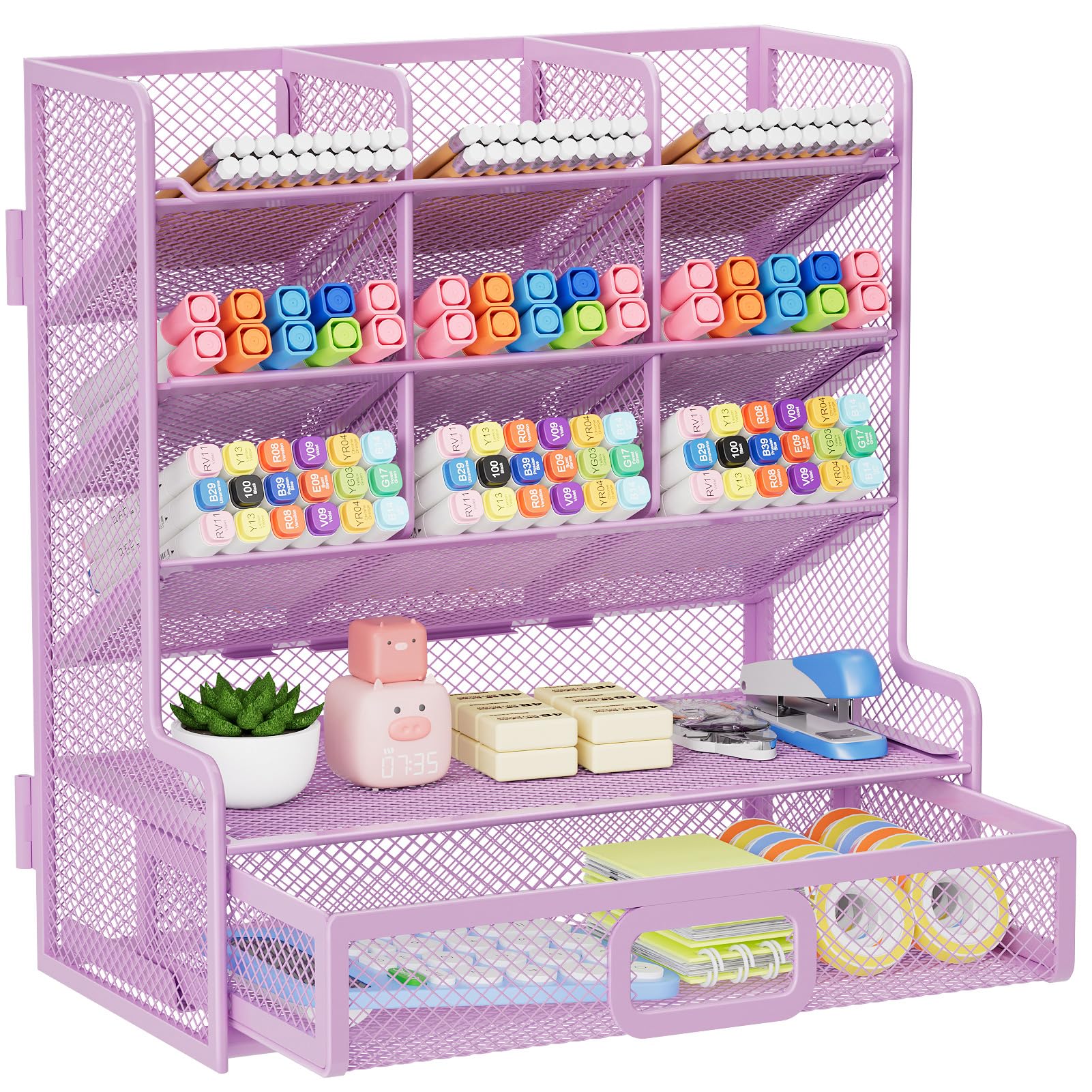 Photo 1 of Marbrasse Larger Mesh Desk Organizer with Drawer, Multi-Functional Pen Pencil Holder, Easy Assembly, Desk Organizers and Accessories for Office Art Supplies (Purple)
