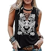 Wasted On You Steer Skull Criss-Cross Hollow Out Tank Tops Women Western Cowboy Rodeo Shirt Tops Country Music Tank Tops