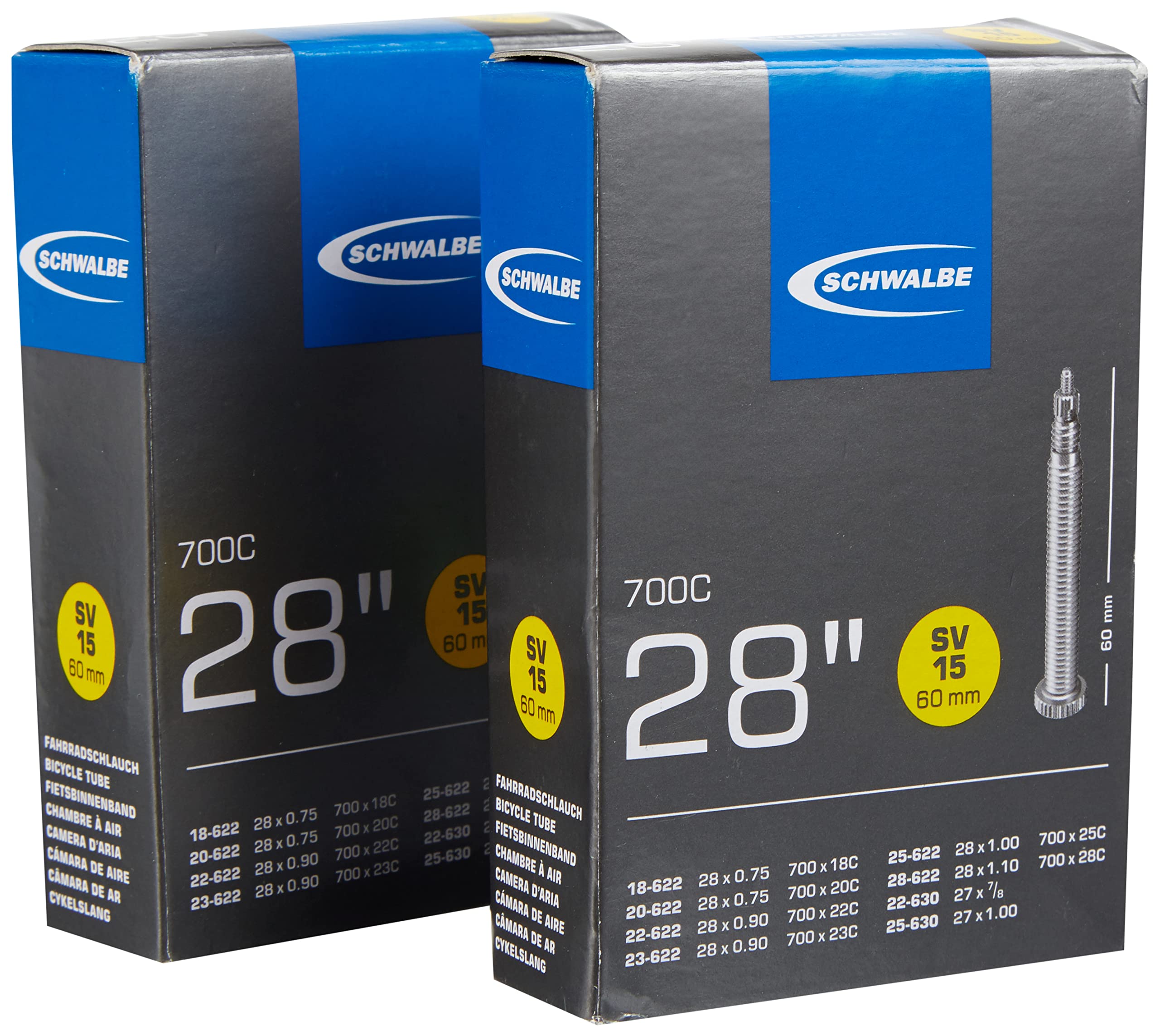Schwalbe SV15 SV 15 Bicycle Tube 60 mm 700 x 18-28 C B067 Extra Long Pack of 2, Black