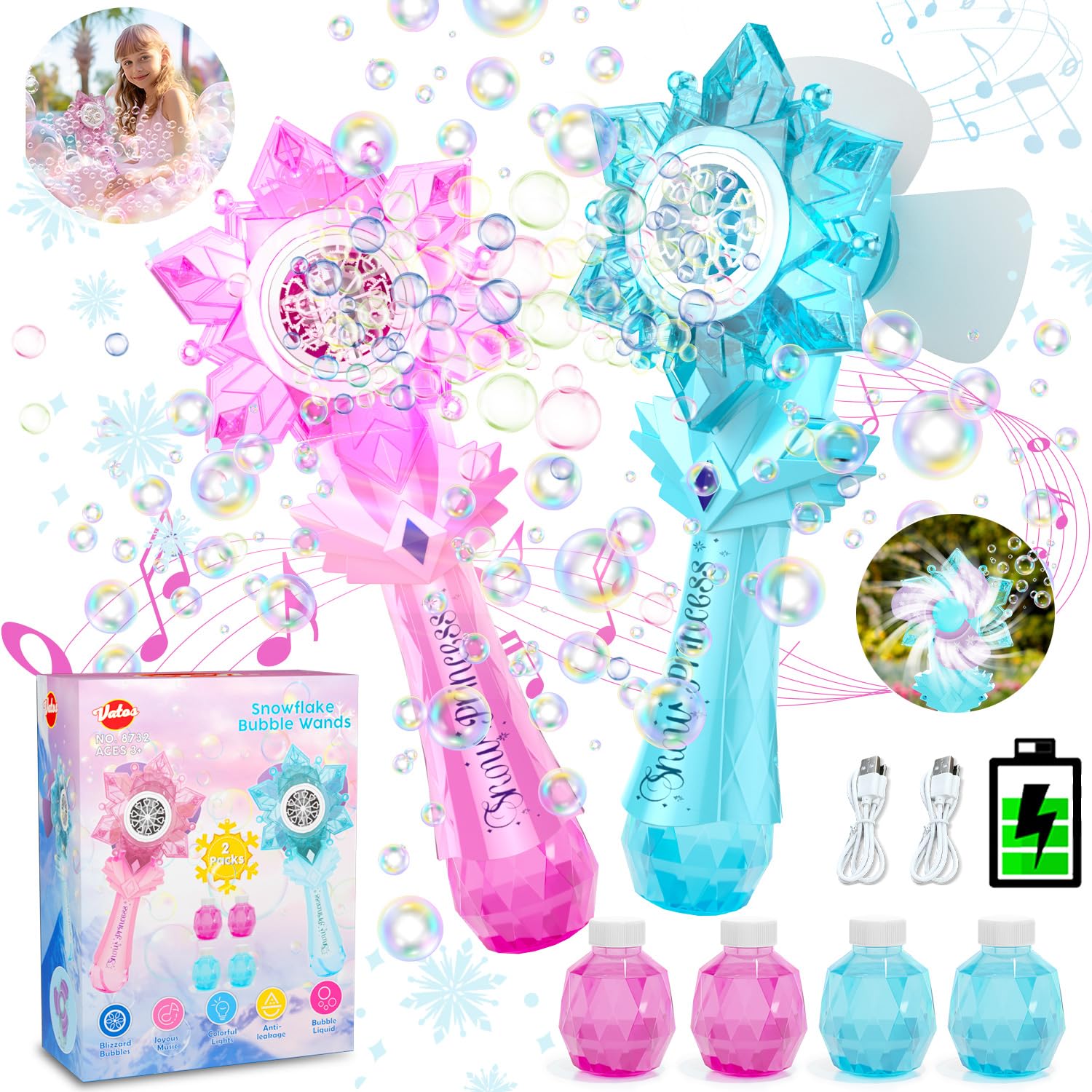 Photo 1 of VATOS Rechargeable Bubble Wand 2 Pack for Kids Girls Boys, LED Light & Music Electric Bubble Machine Toy, Automatic Snowflake Bubble Blower Gun with 2 Windmill & 4 Bubble Solutions for Outdoor Party