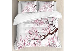 Ambesonne Japanese Duvet Cover Set, Branch of a Flourishing Sakura Tree Flowers Cherry Blossoms Spring Theme Art, Decorative 3 Piece Bedding Set with 2 Pillow Shams, King Size, Pink Dark Brown