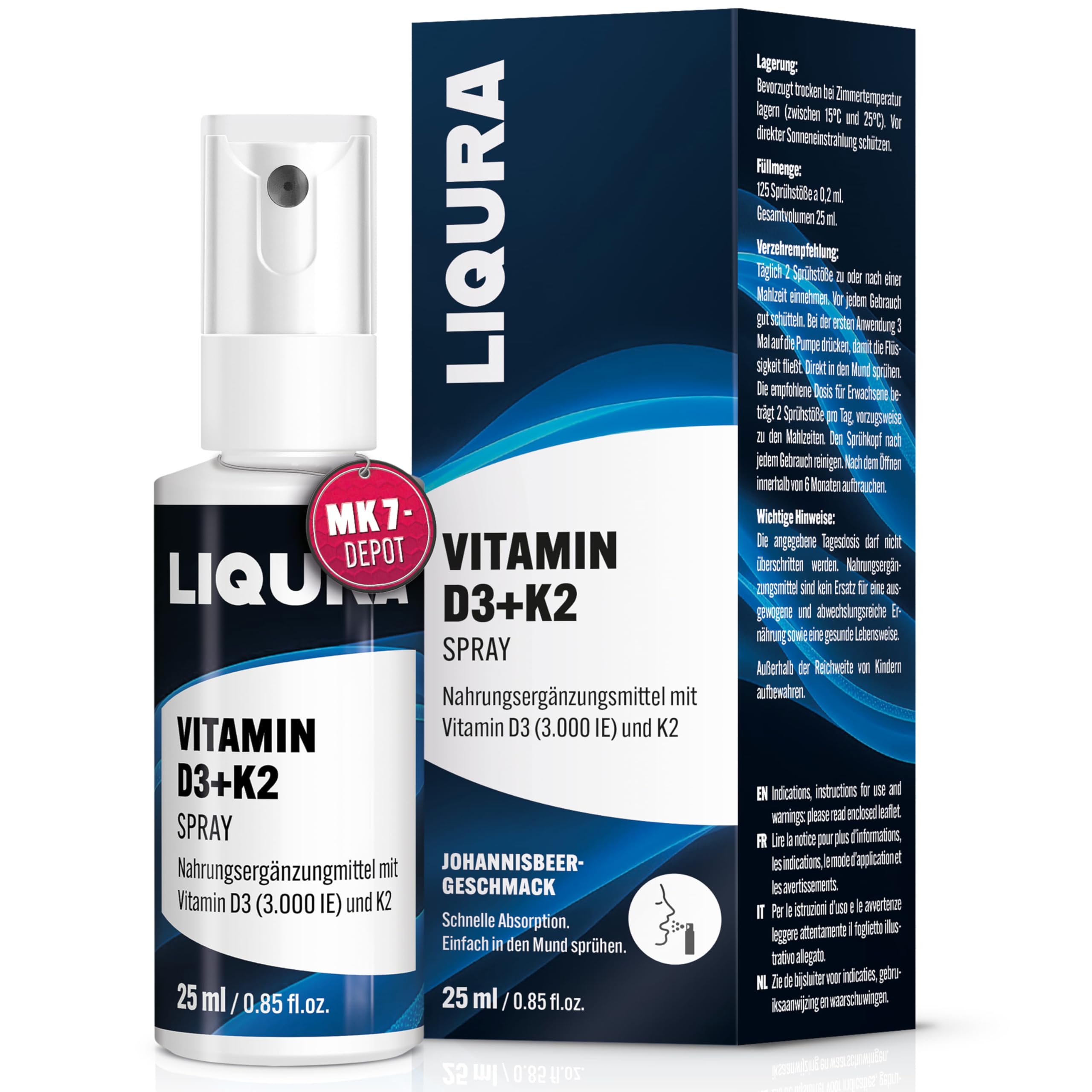 LIQURA Vitamin D3 K2 Spray mit MK7-Depot - hochdosiert (3000 IE) in 2 Sprühstößen - Einfache Dosierung und Alternative zu Vitamin D3 K2 Tropfen oder Kapseln. 125 Sprühstöße, 2 Monate, Vegan 25ml