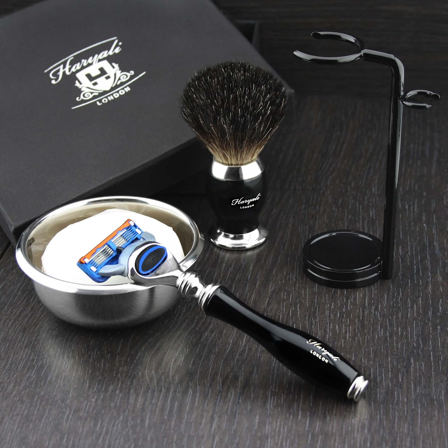 Haryali London 5 Pc Mens Shaving Kit 5 Edge Safety Razor with Black Badger Hair Shaving Brush, Stand, Soap and Bowl Perfect Set for Men - Image 5