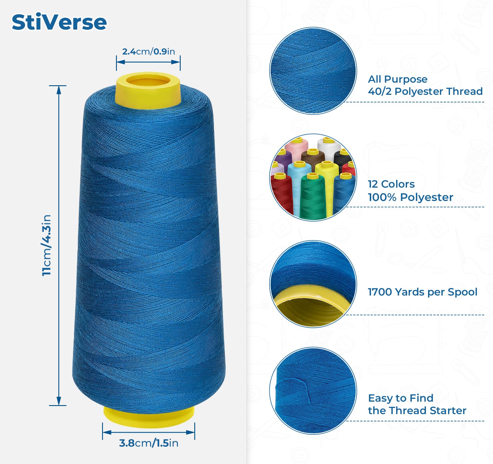 12 Pack Serger Thread Cones, 1800 Yards Each Spool Overlock Thread, PolyesterThread 40s/2 for Serger&Overlock, Quilting, Piecing, Sewing Machine