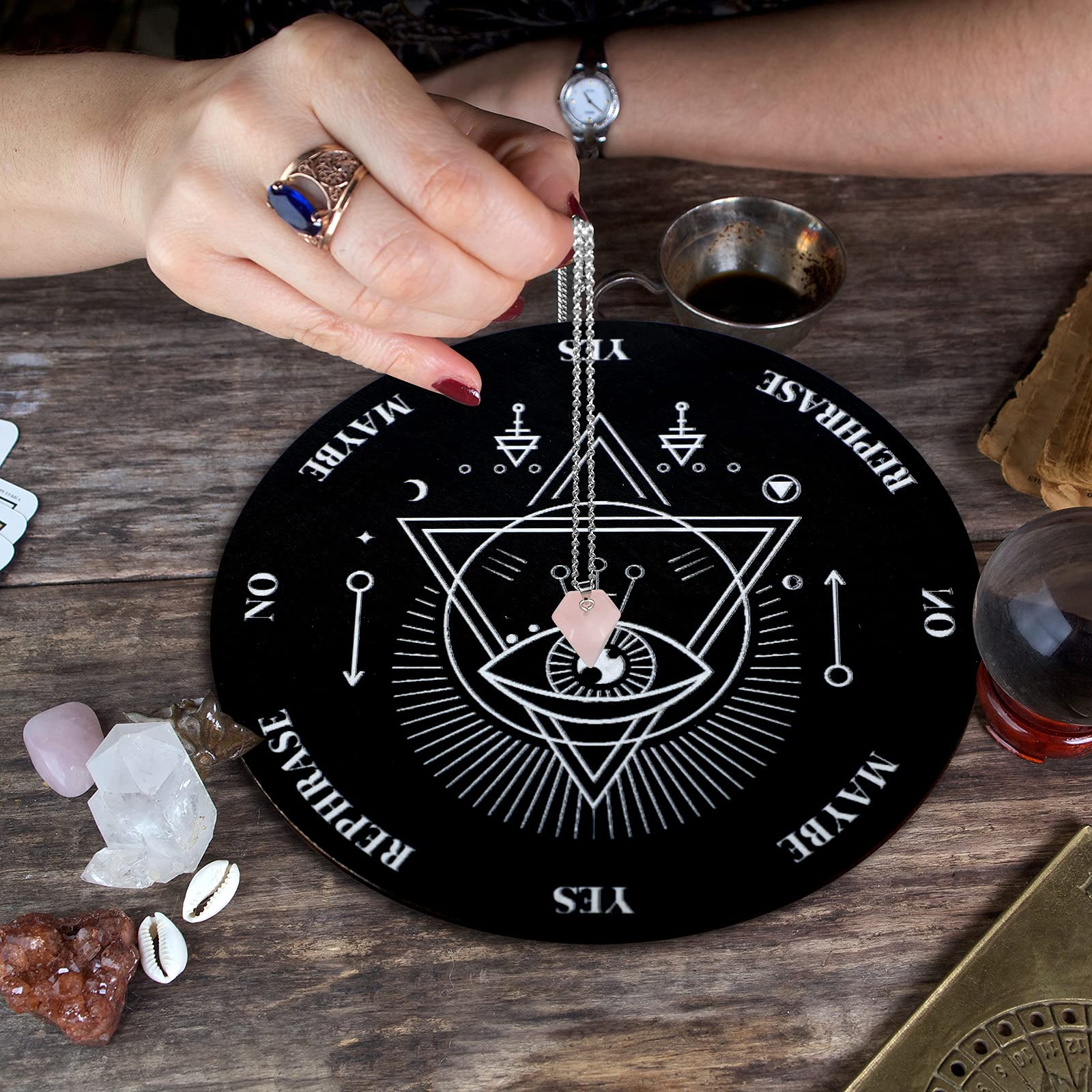 Jetec Wooden Pendulum Board Dowsing Divination Pendulum Witchcraft Altar Supplies with Crystal Necklace and Metaphysical Message Board Kit, 3.9 Inch(Black)