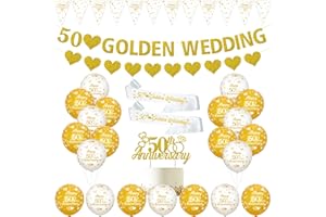 JOYMEMO 50th Wedding Anniversary Decorations Golden Balloons Banner Heart Rings Cake Topper Satin Sash for 50th Couple Annive