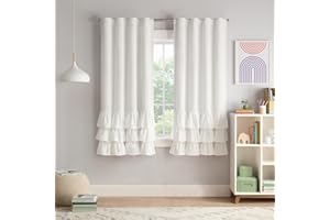 Eclipse Blackout Curtain, Tiered Ruffle Kids Curtain, 63 in x 40 in, Thermaback 100% Blackout Curtain with Rod Pocket Header, Curtain for Kids Room or Playroom, 1 Window Curtain, White