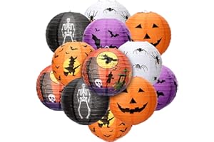 MUDDER 12 Pieces Halloween Paper Lanterns Jack O Lantern Pumpkin Hanging Lanterns Spider Bat Skeleton Lanterns for Halloween Indoor Outdoor Party Decoration Supplies, 8 Inches