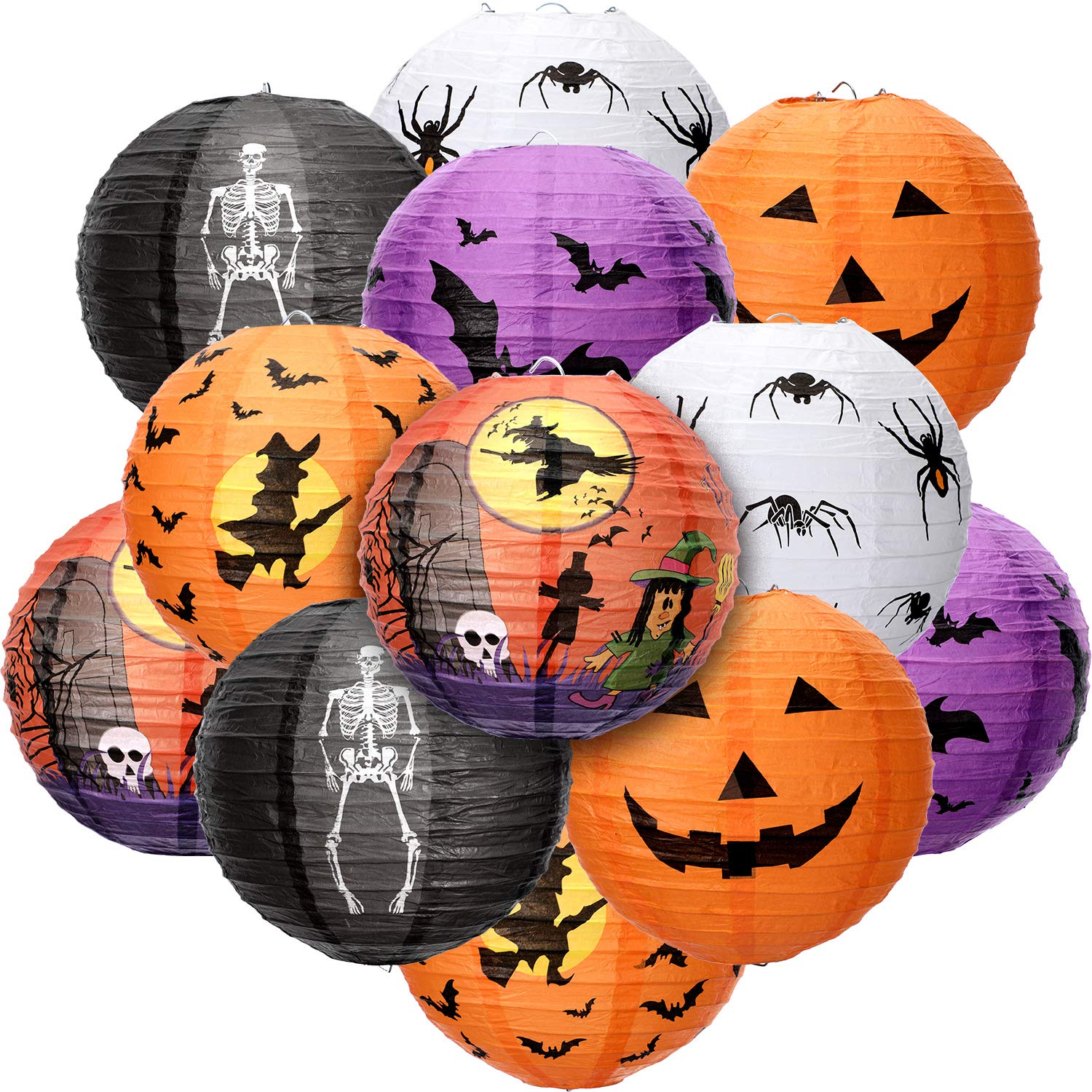Photo 1 of 12 Pieces Halloween Paper Lanterns Jack O Lantern Pumpkin Hanging Lanterns Spider Bat Skeleton Lanterns for Halloween Indoor Outdoor Party Decoration Supplies, 8 Inches