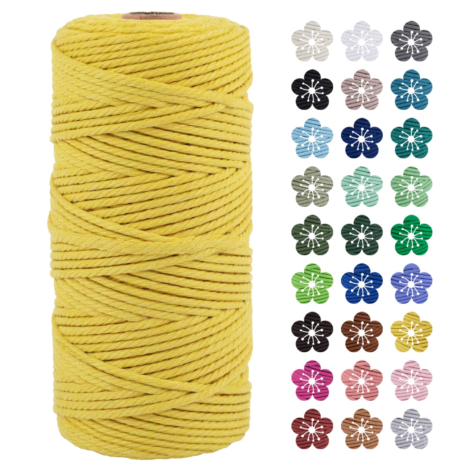 LEREATI Macrame Cord 3mm x 100m, Thick Macrame Rope Natural Cotton Rope Craft String, 4 Strand Twisted Cotton Cord Yarn for DIY Plant Hanger, Wall Hanging, Christmas Decoration (Lemon yellow) — image 1